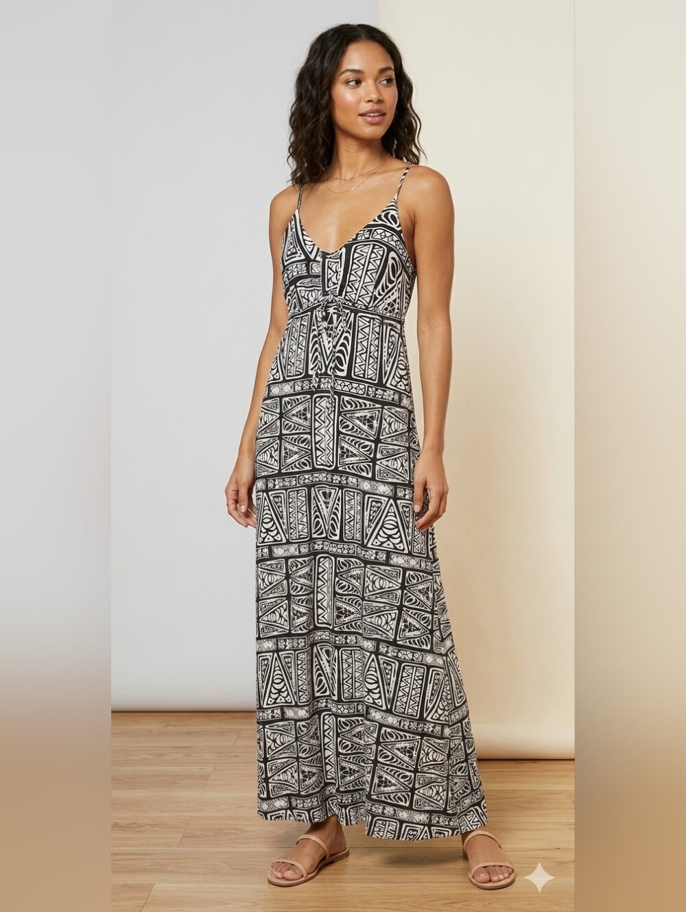 O'Neill Geometric Black & White Cami Maxi Dress Boho Empire Waist Festival Coast